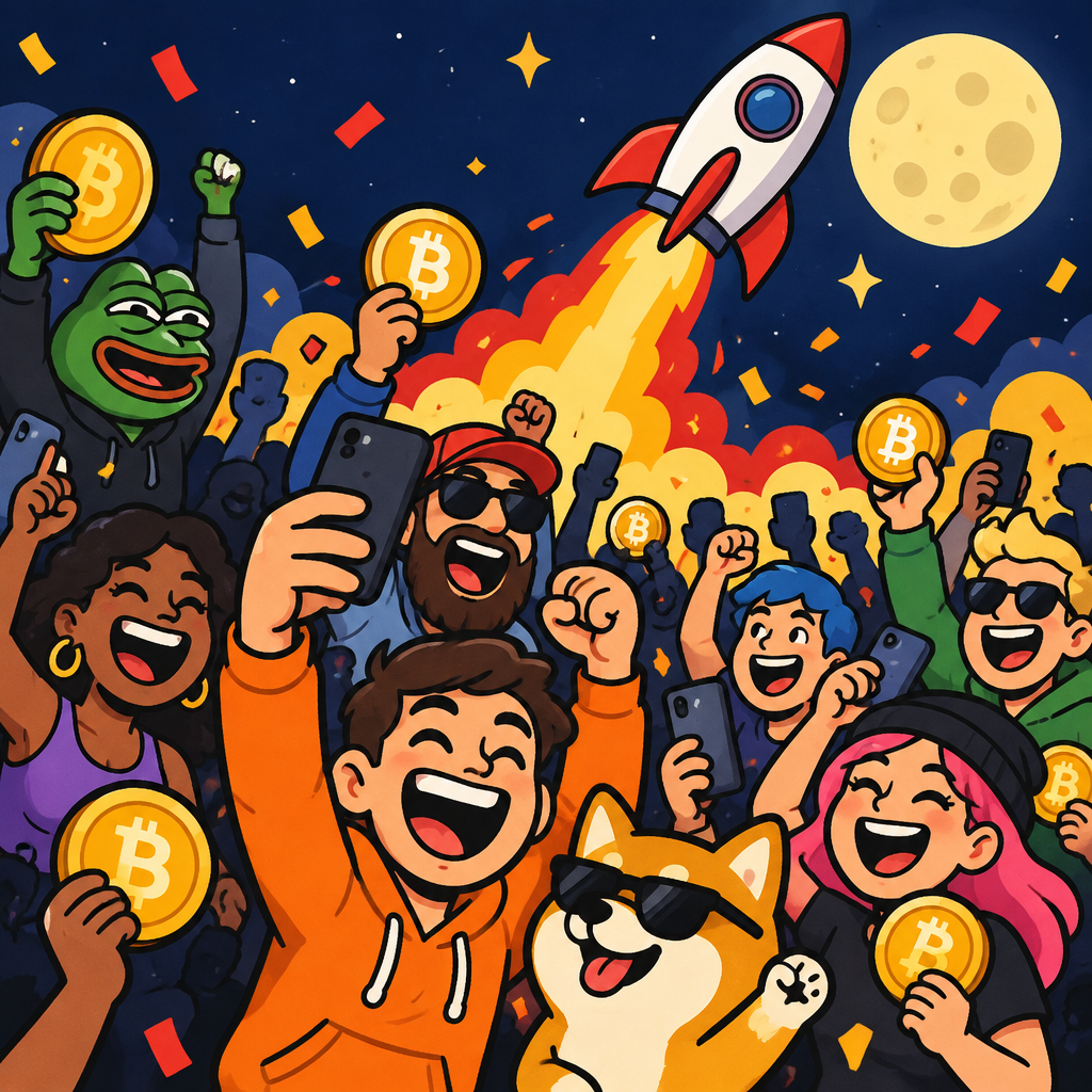 Cartoon de uma multidão animada comemorando com moedas $BTRUMP e um foguete ao fundo